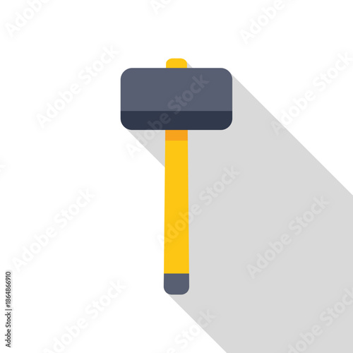 Gray sledgehammer with yellow handle casting a long shadow, in flat design style