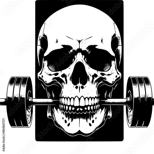 Iron Will, Eternal Strength: A skull, symbol of mortality, is seen gripping a barbell, embodying the resilience of the human spirit in the face of physical challenges and time.