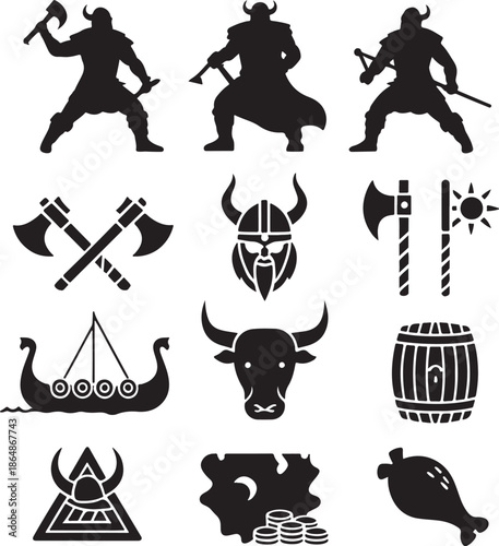 Collection of black silhouette icons representing diverse Viking warriors and cultural items