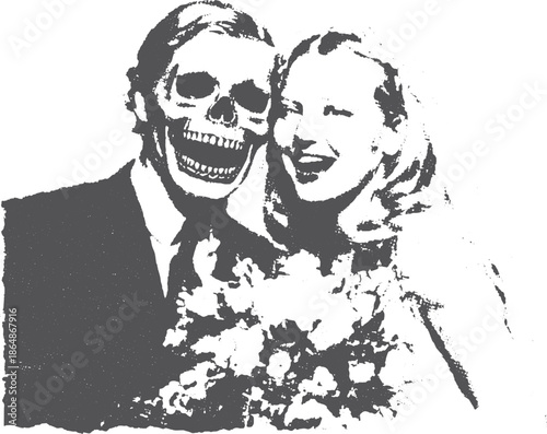 Skeleton wedding couple in black and white. Creative vintage vector illustration featuring a bride with a bouquet for an unconventional set.