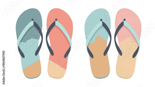 Two pairs of trendy pastel-colored flip-flops, ideal for leisurely summer days, beach outings, and poolside relaxation, depicting comfortable and fashionable warm-weather footwear