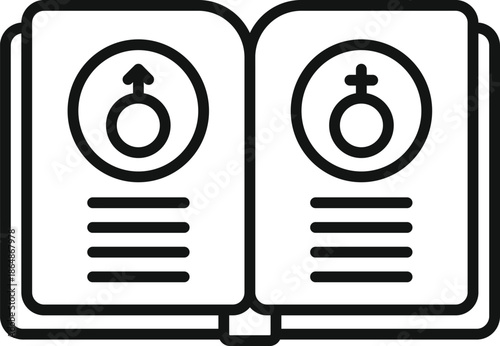 Open book displaying male and female gender symbols with text lines