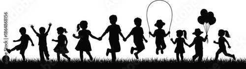 Black silhouette of a large group of happy children playing in grass, kids jumping rope and holding balloons on white,