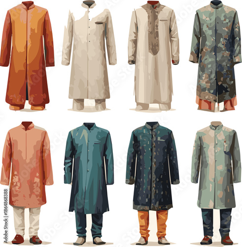 Create a kinds of deferent modern man Eid fashion dress vector art with white background.