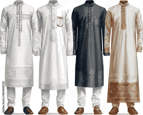 Create a kinds of deferent modern man Eid fashion dress vector art with white background.