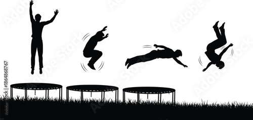 Black silhouette of a man jumping on a trampoline and performing acrobatics, gymnast doing flips and backflips isolated on white,