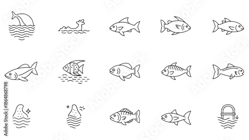 Marine wildlife icon set, minimalist vector symbols, simple contours, logo and app ready