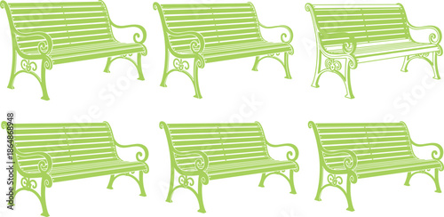 Set of six green park bench icons featuring classic ornate metal frames and wooden slats isolated on white background for garden