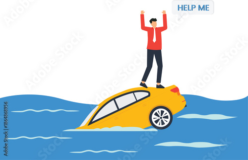 Businessman on sinking car in flood water asking for help. Desperate man in emergency situation facing financial crisis and natural disaster. Vehicle submerged needing car insurance claim.