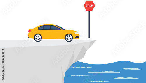 yellow car, stop sign, cliff edge, business risk, financial crisis, danger ahead, dead end, risk management, final warning, safety first, car accident, road safety, traffic sign, warning sign, wrong w