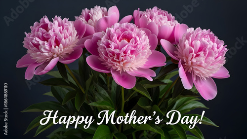 A beautiful bouquet of pink peonies with Happy Mother's Day text