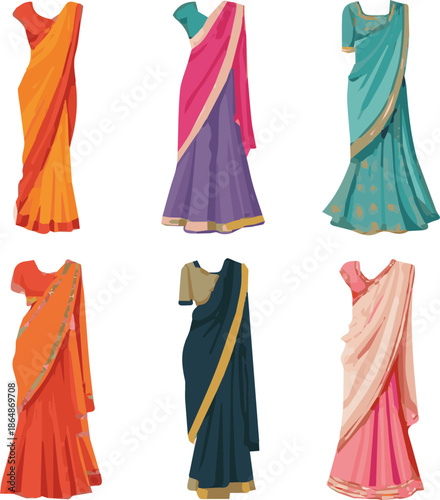Create a kinds of deferent modern saree Eid fashion dress vector art with white background.