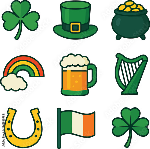 Collection of digital clover, rainbows, and Irish paraphernalia digitally illustrated
