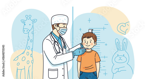 A doctor measures a young boy's height during a routine check-up, symbolizing child growth and healthcare in a friendly, illustrative setting.