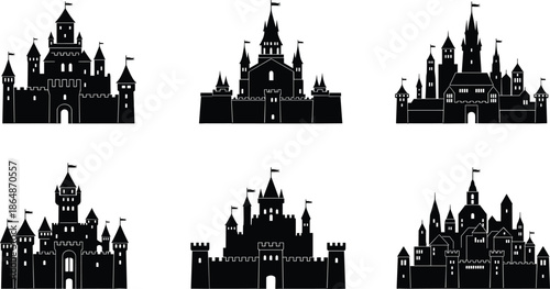 Black silhouette of various medieval castle icons set, fairytale fortress with towers and flags, kingdom architecture isolated on white background,