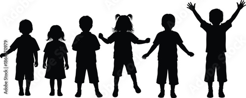 Silhouette of a group of children standing together, happy diverse kids playing, childhood friendship concept, isolated black vector on white background