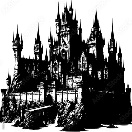 Castle Silhouette: An imposing silhouette of a gothic castle perched dramatically atop a cliff, evoking mystery and historical grandeur, under the vast sky.