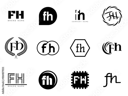 FH logo company template. Letter f and h logotype. Set different classic serif lettering and modern bold text with design elements. Initial font typography.