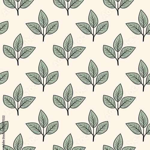 Elegant seamless pattern featuring stylized leaves in muted green tones on a creamy background.