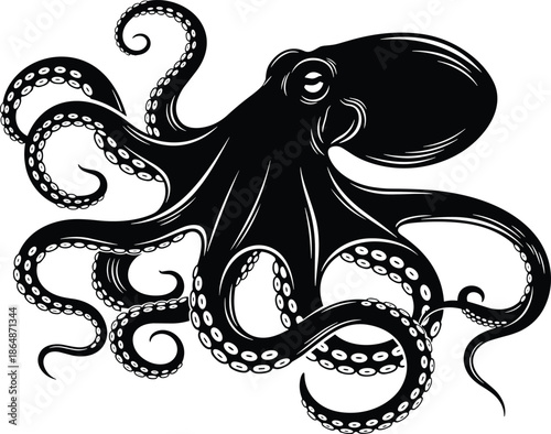 Black octopus illustration, marine tentacle artwork, sea creature vector, nautical design, tattoo style, isolated silhouette, ocean animal graphic, for modern branding projects