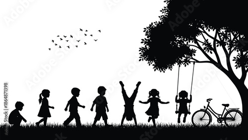 Silhouette of children playing in park, kids jumping swinging and riding bicycle under tree, outdoor childhood summer fun, isolated black vector