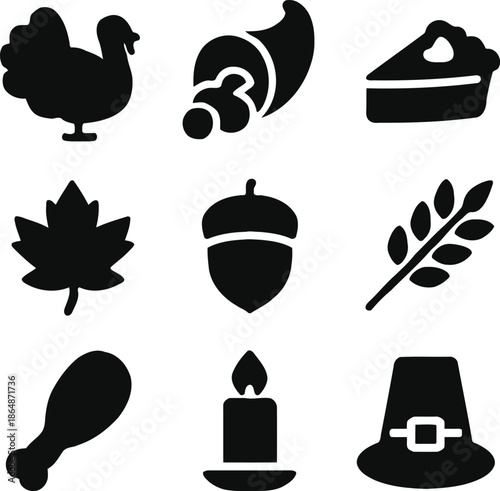 Collection of black silhouettes representing Thanksgiving symbols including turkey, cornucopia, and pilgrim hat on white background