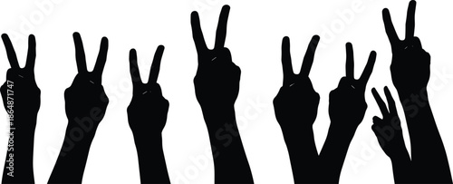 Silhouette of multiple hands showing peace sign, victory gesture fingers, group unity and success concept, isolated black vector on white background