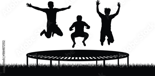 Silhouette of three happy children jumping on a trampoline, outdoor summer fun, kids playing in backyard, isolated black vector, white background