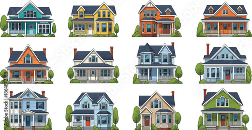 House illustration grid, residential design, CAD drawing, flat vector, architectural sketch, colorful homes, porch chimney, window layout, garden view, real estate