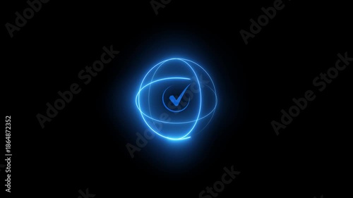Futuristic user interface with digital concentric circles and glowing shield icon with checkmark symbol, representing cyber security, data protection, and advanced digital technology black background.
