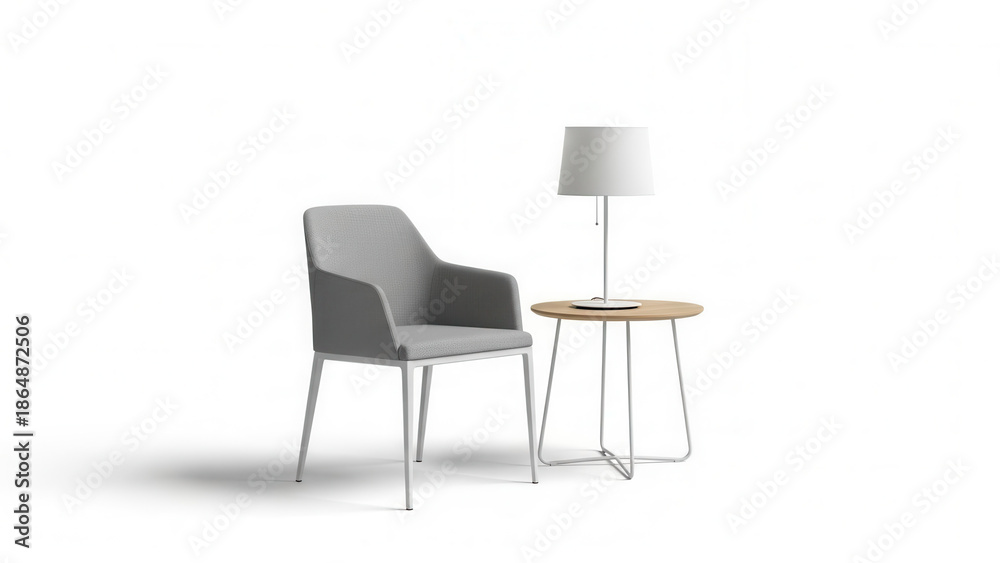 Fototapeta premium Chair with lamp, modern furniture arrangement, minimalist design, white background, copy space 