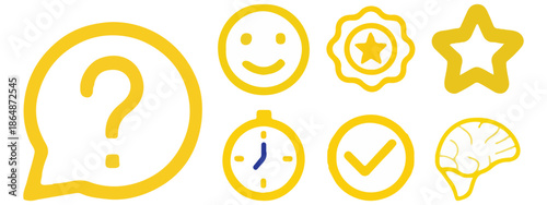 Yellow Outline Icons – Question, Star, Brain, Timer, and Check Mark Symbols .