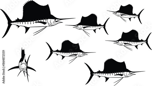 Sailfish silhouette illustration, marine predator vector art, ocean wildlife drawing, aquatic creature design, black and white artwork, fast swimming fish, underwater nature concept image