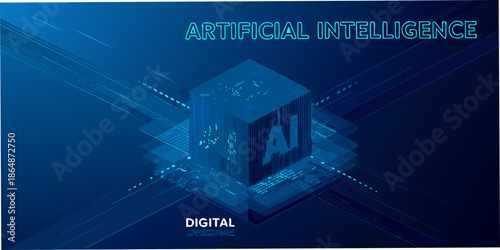 Isometric depiction of artificial intelligence with digital data flow and cube design