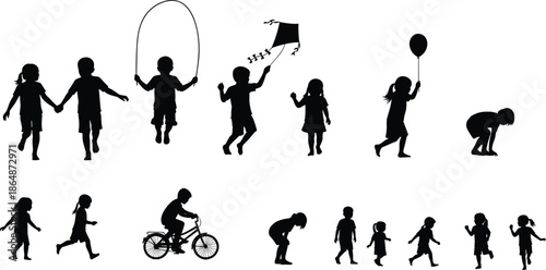 Black silhouette of a large group of children playing, kids jumping rope, flying kite, riding bicycle, and holding balloons on white,