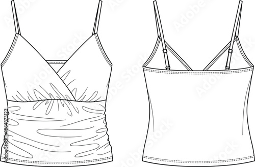 Camisole top, fashion sketch, front back view, CAD drawing, flat vector, garment design, technical illustration, sewing pattern, adjustable straps, ruched bodice