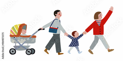 A family with a stroller and two children walking together outdoors