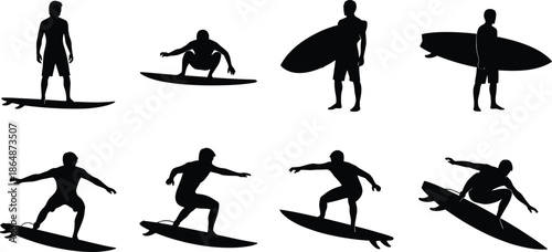 Surfer silhouette illustration, surfing sport vector art, ocean wave drawing, beach lifestyle design, black and white artwork, aquatic adventure concept image