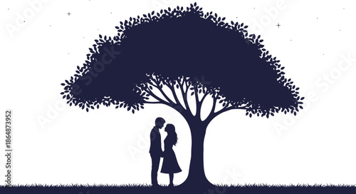 Silhouette of romantic couple holding hands beneath spreading tree on grassy area at dusk