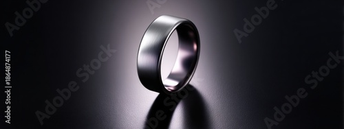 Single minimalist smart ring with polished metal finish, soft studio lighting, dark to light gradient background, wearable technology luxury concept
