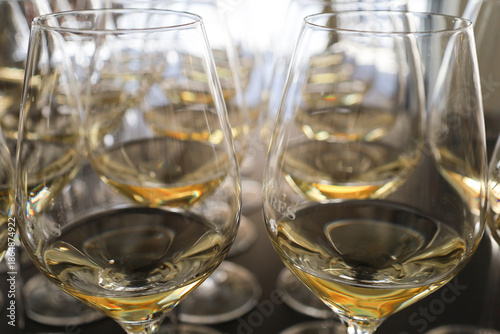 White wine glasses in a restaurant