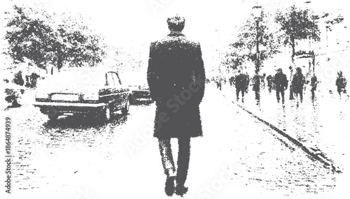 A man walking on a street in a coat, surrounded by people and cars. Urban scenery in black and white vector illustration.