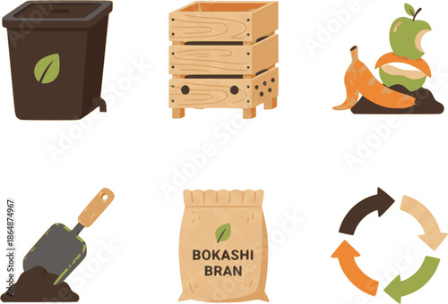 Professional home composting icons. Flat vector set featuring bokashi bins, worm farms, and organic food scraps. High-quality earth-tone graphics isolated on white background.