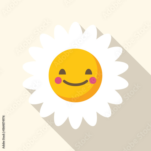 Cheerful daisy flower smiling emoji icon with rosy cheeks