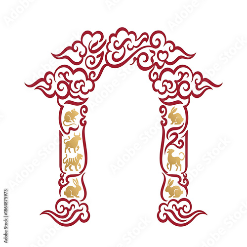 An intricately designed red archway with golden animal silhouettes on a white background