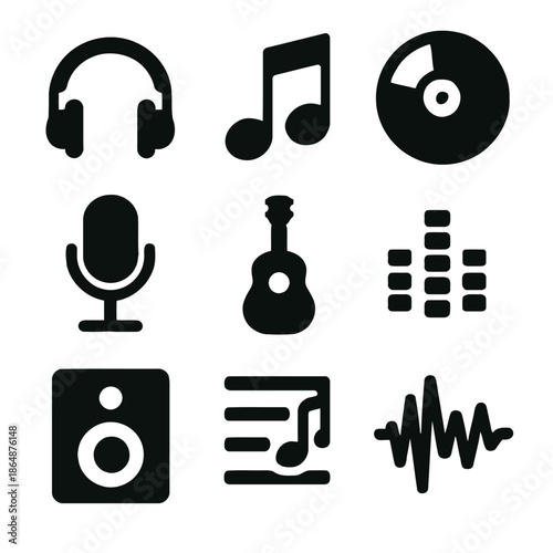 Ass Page Page of various black music icons including headphones a Page Page note a CD a microphone a guitar and sound Page Page Page Page on a white Page 