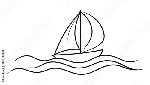 A simple line drawing of a sailboat with a triangular sail and a curved hull on calm waters..eps
