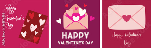 Valentine's Day Greeting Cards with Hearts and Envelopes Romantic Love Messages for Digital Designs and Social Media Posts