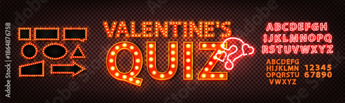 Vector neon sign of Valentine's Quiz with alphabet and frames isolated on the transparent background.