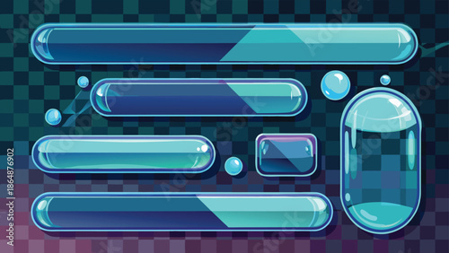 Different shaped glass frames arranged artistically, showcasing their unique designs and transparency..eps